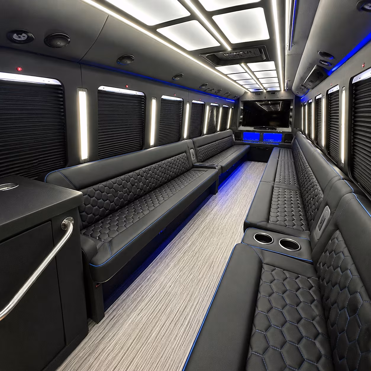 Wedding guests seated inside a party bus serving Kent